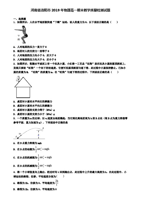 河南省洛阳市2019年物理高一期末教学质量检测试题