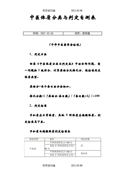 中医体质辨识标准(评分表)之欧阳道创编