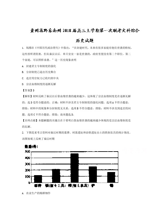 贵州省黔东南州2018届高三上学期第一次联考文科综合历史试题含解析