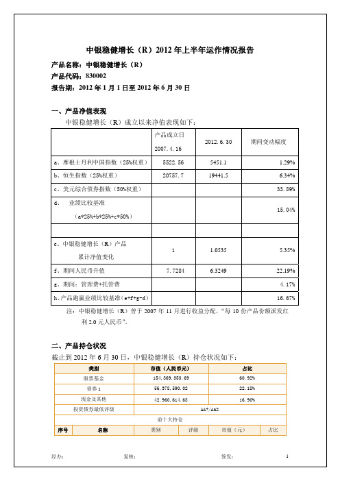 中银稳健增长R2012上半运作情况报告