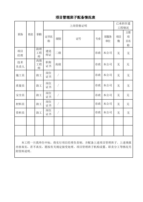 项目管理班子配备情况表