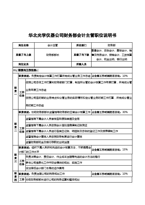 华北光学仪器公司财务部会计主管职位说明书