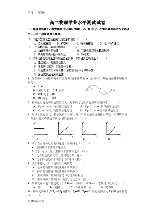 高二物理学业水平测试模拟试题(含答案)汇编