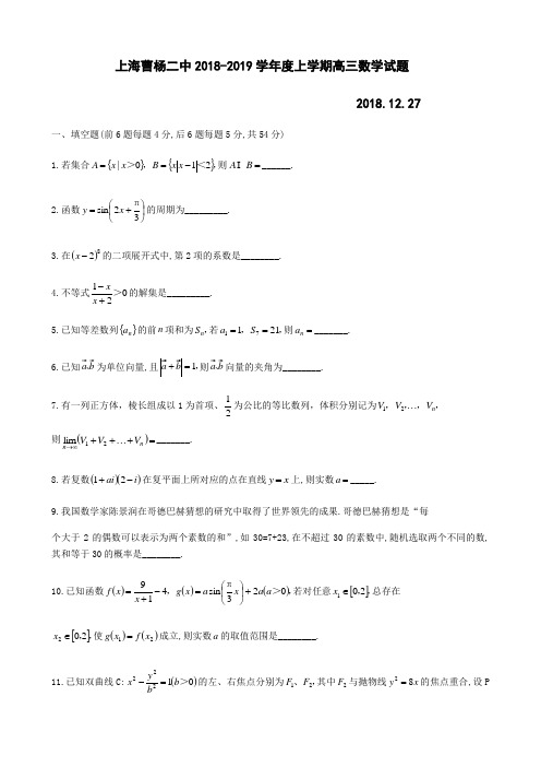 上海曹杨二中2018-2019学年度上学期高三数学试题