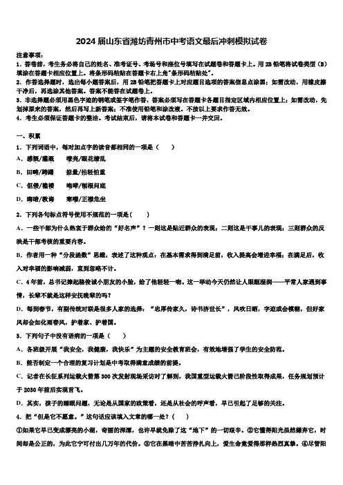 2024届山东省潍坊青州市中考语文最后冲刺模拟试卷含解析