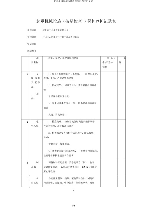 起重机械设备定期检查维护保养记录表