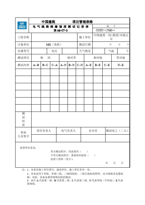 电气线路绝缘强度测试记录表