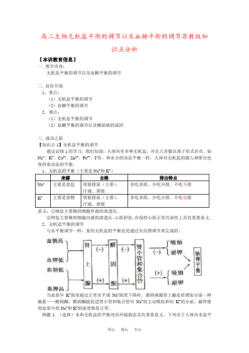 高二生物无机盐平衡的调节以及血糖平衡的调节苏教版知识点分析