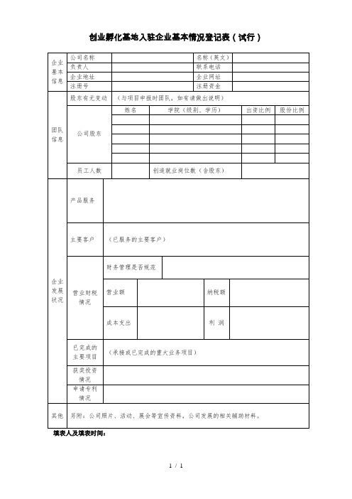 创业孵化基地入驻企业基本情况登记表