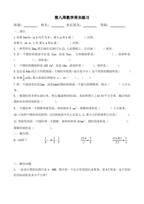 人教版六年级下册第八周数学周末练习