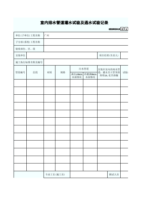 室内排水管道灌水试验及通水试验记录