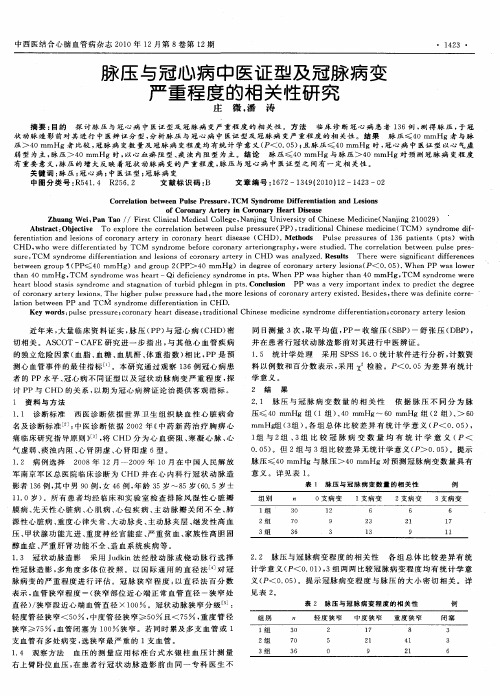 脉压与冠心病中医证型及冠脉病变严重程度的相关性研究