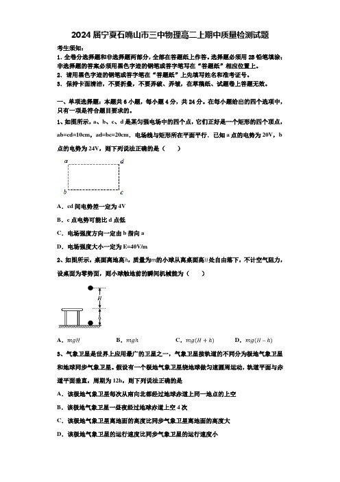 2024届宁夏石嘴山市三中物理高二上期中质量检测试题含解析