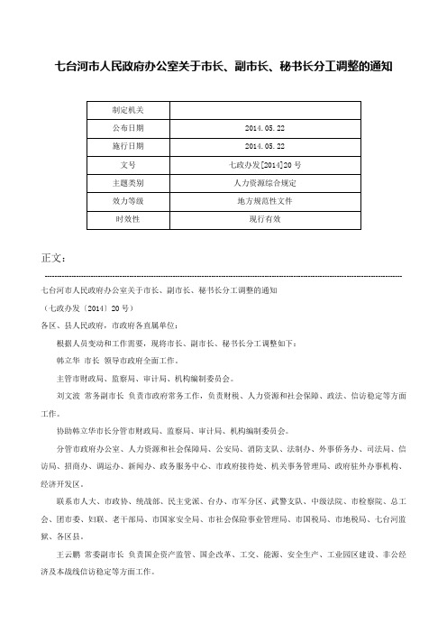 七台河市人民政府办公室关于市长、副市长、秘书长分工调整的通知-七政办发[2014]20号