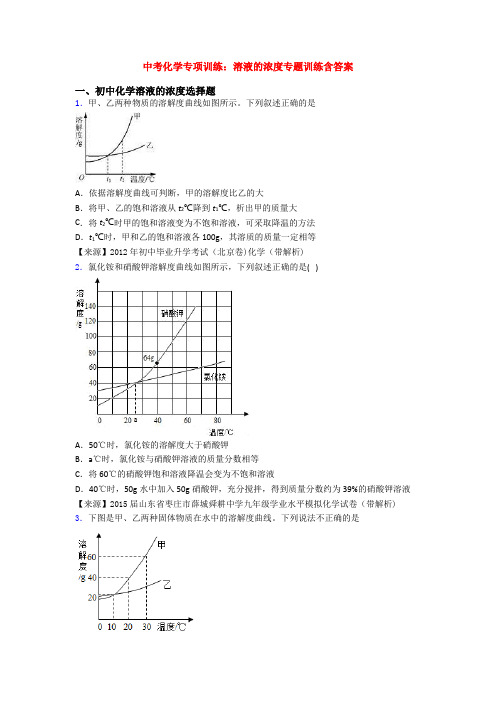 中考化学专项训练：溶液的浓度专题训练含答案