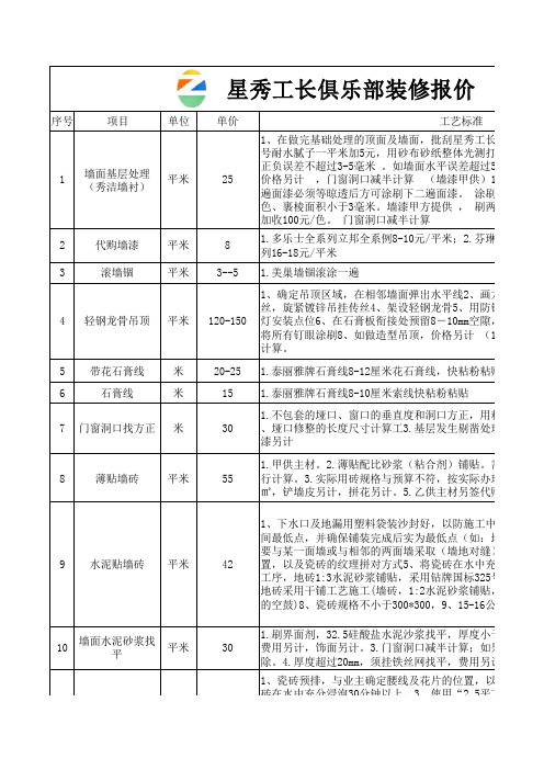 星秀工长俱乐部基础报价参考表