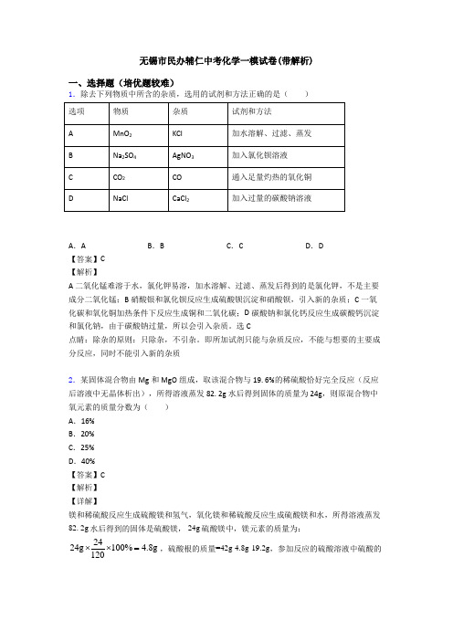 无锡市民办辅仁中考化学一模试卷(带解析)