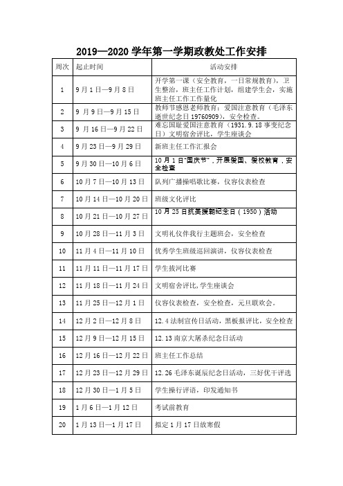 2019-2020学年度第一学期政教处工作安排