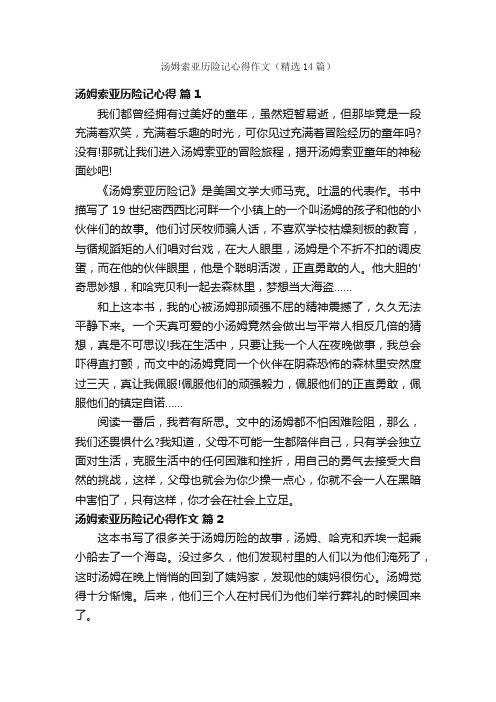 汤姆索亚历险记心得作文（精选14篇）