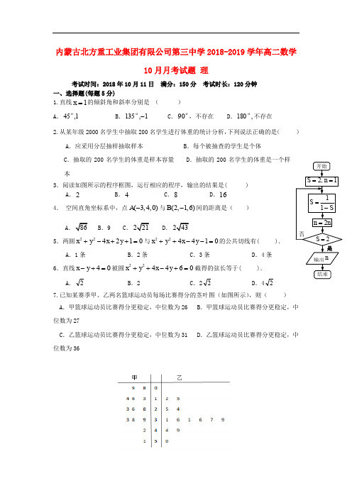 内蒙古北方重工业集团有限公司第三中学2018_2019高二数学10月月考试题理