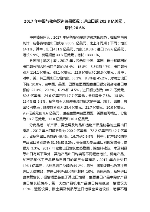 2017年中国与秘鲁双边贸易概况：进出口额202.8亿美元，增长20.6%