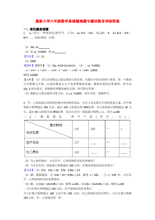 最新小学六年级数学易错题难题专题训练含详细答案