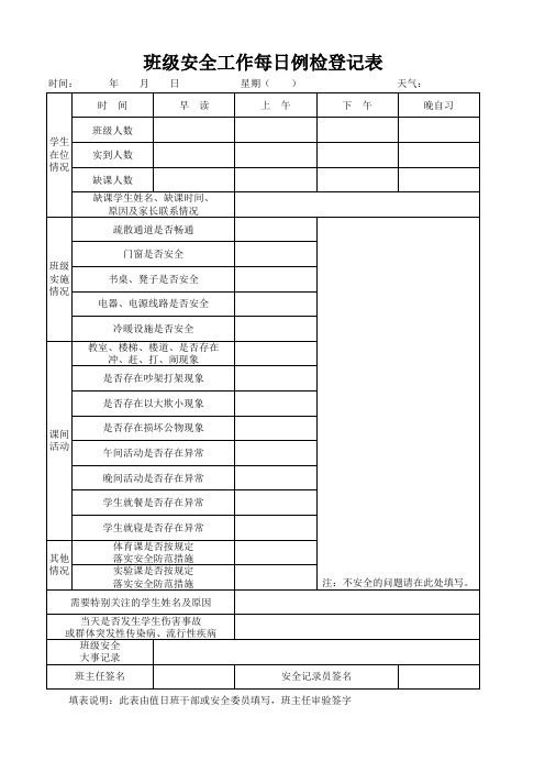 班级安全工作每日例登记表