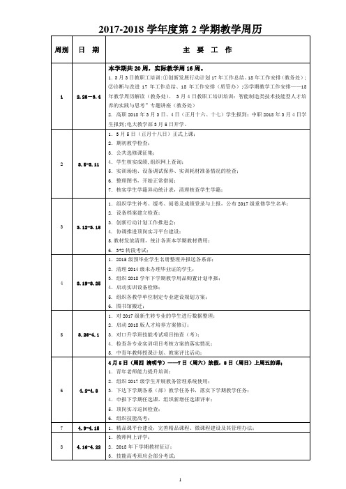 2017-2018学年度第2学期教学周历