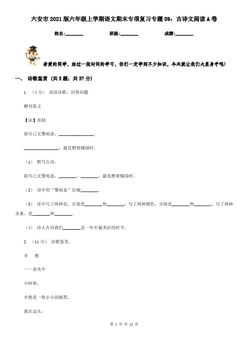 六安市2021版六年级上学期语文期末专项复习专题09：古诗文阅读A卷