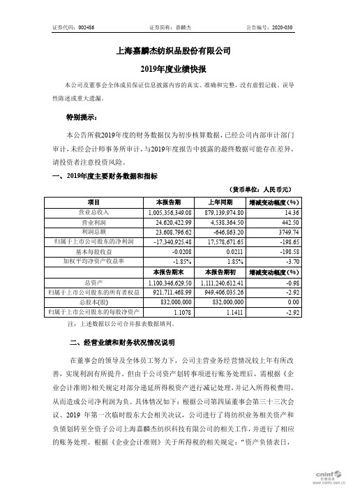 嘉麟杰:2019年度业绩快报