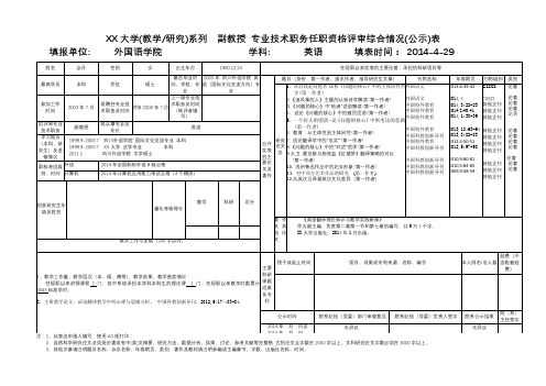 XX大学(教学研究)系列副教授专业技术职务任职资格评审综合情况(公示)表填【模板】