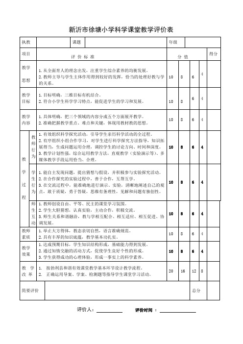 小学科学课堂教学评价表