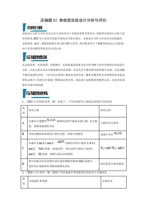 压轴题02 表格型实验设计分析与评价-(原卷版)-高考化学压轴题专项训练(江苏专用)