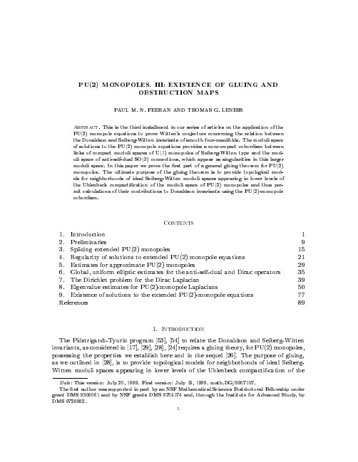 PU(2) MONOPOLES. III EXISTENCE OF GLUING AND OBSTRUCTION MAPS