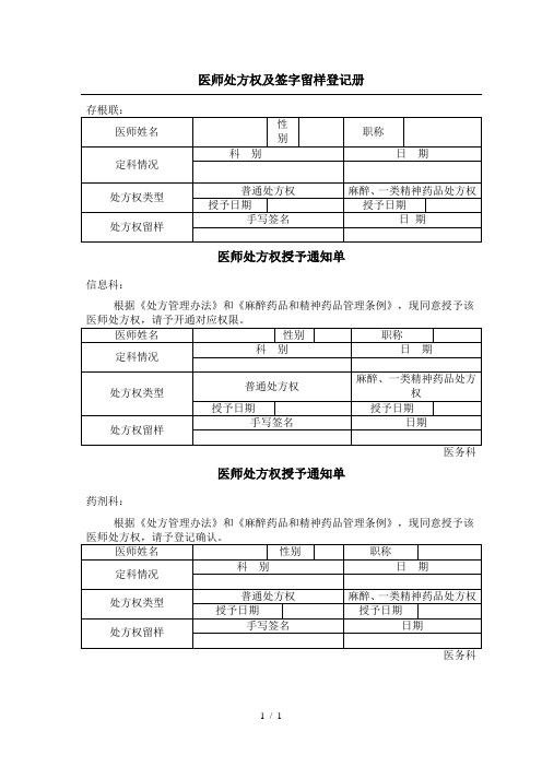 医师处方权及签字留样登记册