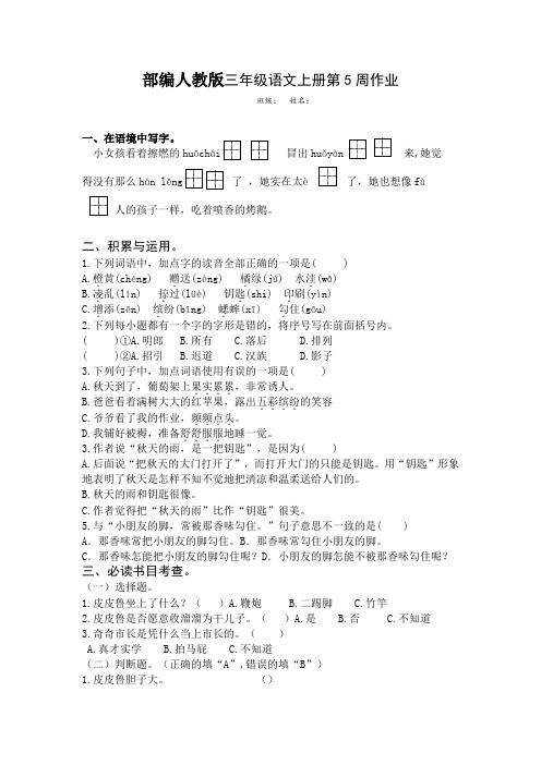 部编人教版三语上册第5周作业(江苏省盐城市适用)