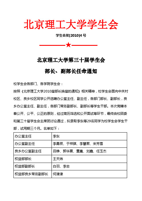 北京理工大学第三十届学生会部长,副部长任命通知