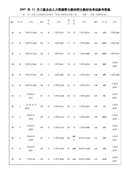 2007年11月人力资源国家考试(三级)答案