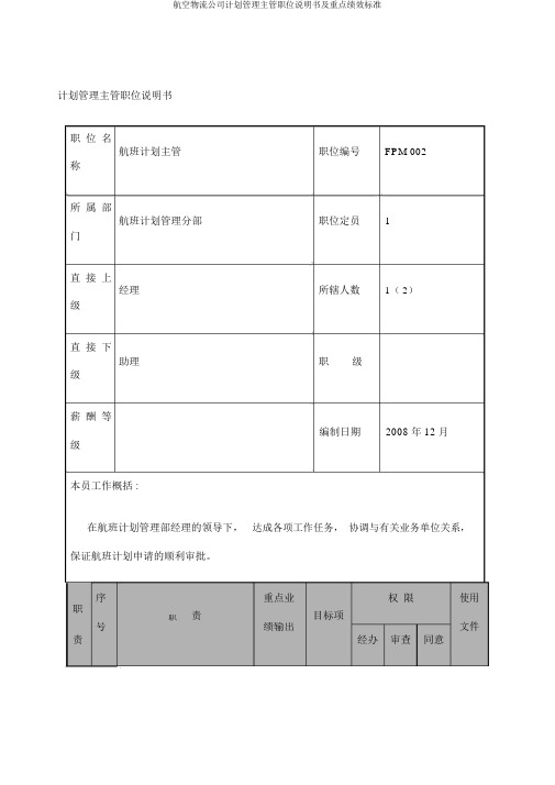 航空物流公司计划管理主管职位说明书及关键绩效标准