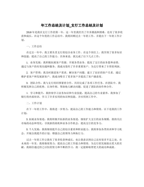 年工作总结及计划_支行工作总结及计划