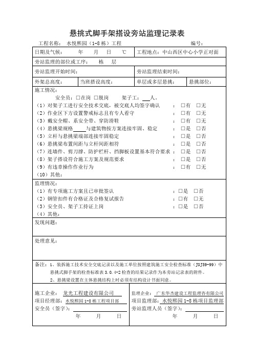 悬挑外脚手架搭设旁站监理记录表