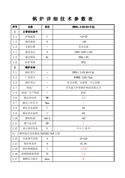 锅炉详细技术参数表