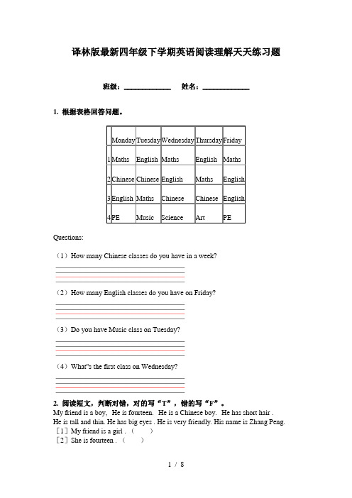 译林版最新四年级下学期英语阅读理解天天练习题