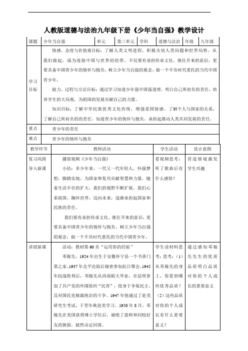 部编版《道德与法治》九年级下册5.2《少年当自强》教学设计+导学案