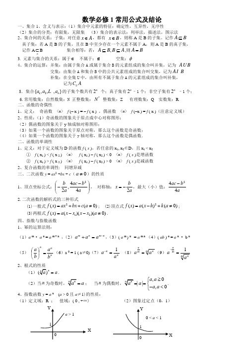 数学必修1常用公式及结论