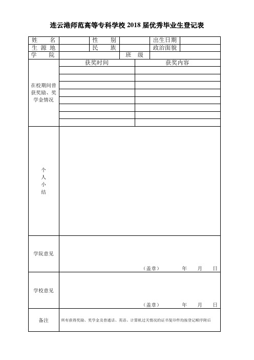 2018届优秀毕业生登记表