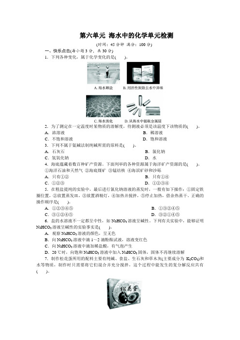 化学鲁教版九年级下第六单元海水中的化学单元检测(附答案) (1)