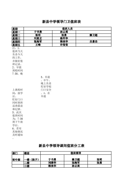 晚自习、中层值班表