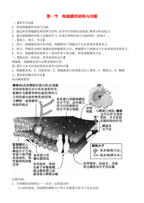 最新-高中生物 第一章第一节细胞膜的结构和功能教案 中图版必修1 精品