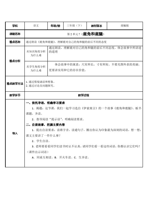 部编版语文三年级下册-第二单元-教案-7 鹿角和鹿腿5